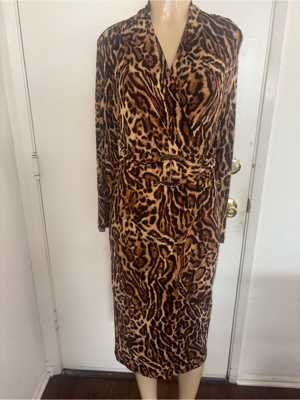Joseph Ribkoff Leopard Print Midi Dress in Brown and Tan